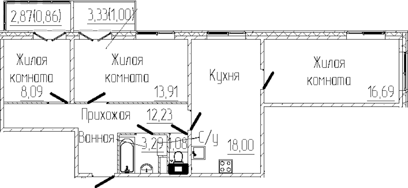 3-комнатная квартира 75.15 м², 5/8 эт., ЖК «SERTOLOVO PARK»